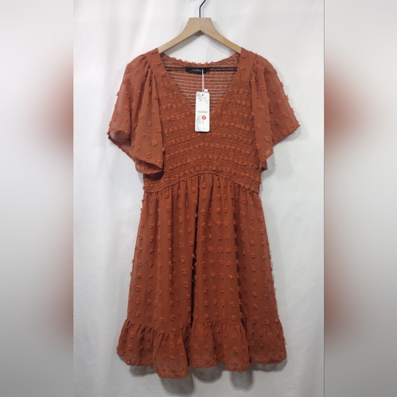 NWT Tecrew Flowy Chiffon Swing Beach Dress Womens L Orange Coastal Vacation - Picture 2 of 10
